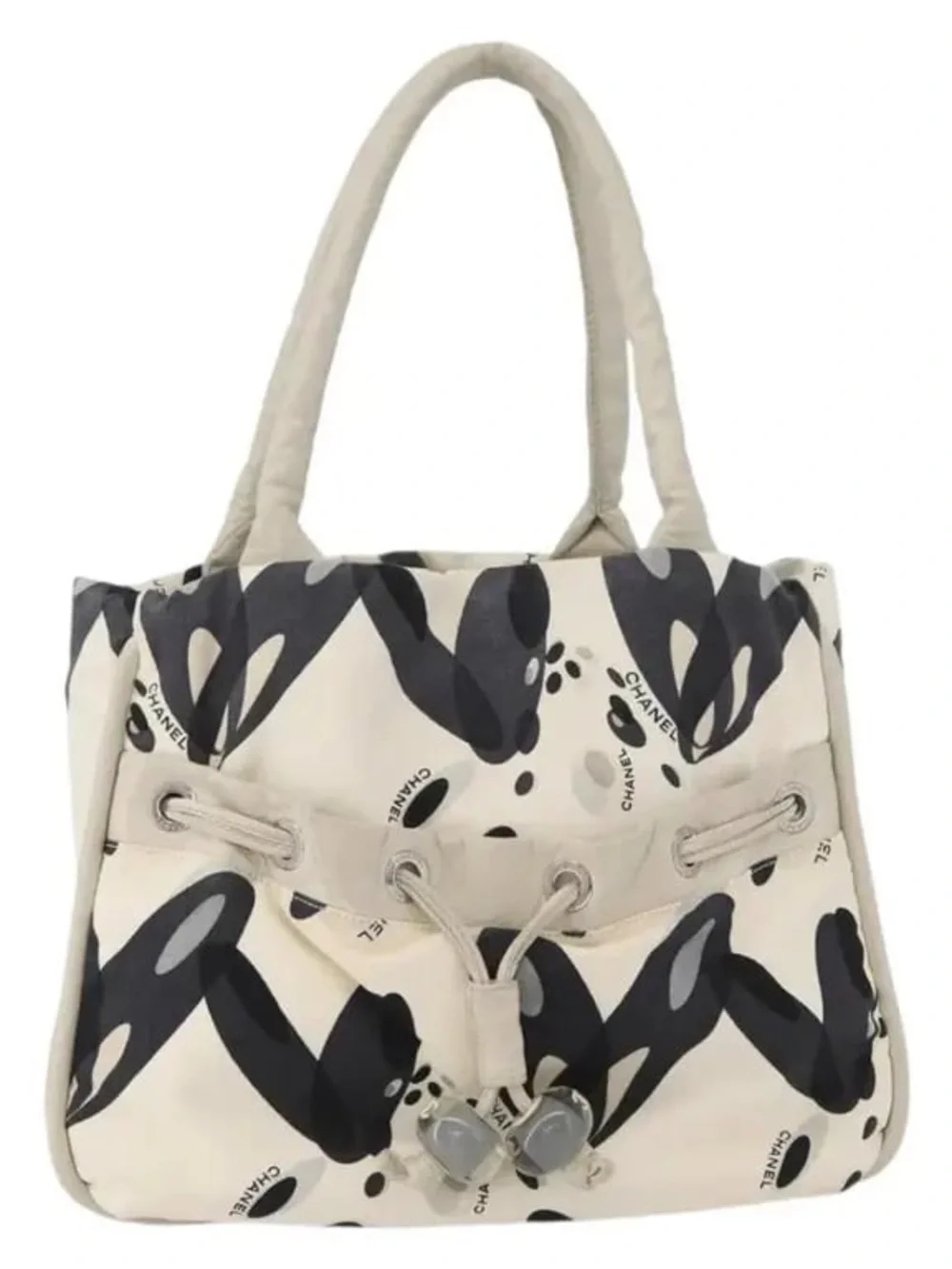 Authentic CHANEL vintage mini beige black Surfline canvas tote